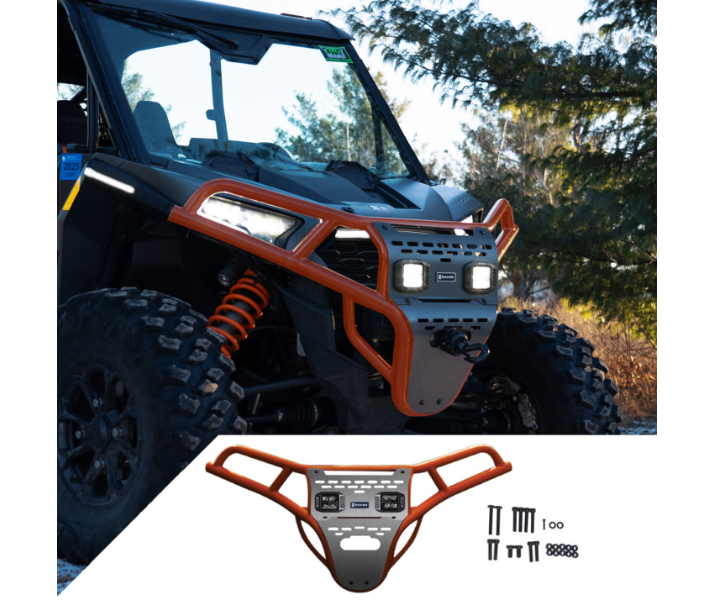 Ravek - Front Bumper/Skid Plate with White Lights - Orange -Polaris - RZR XP 1000