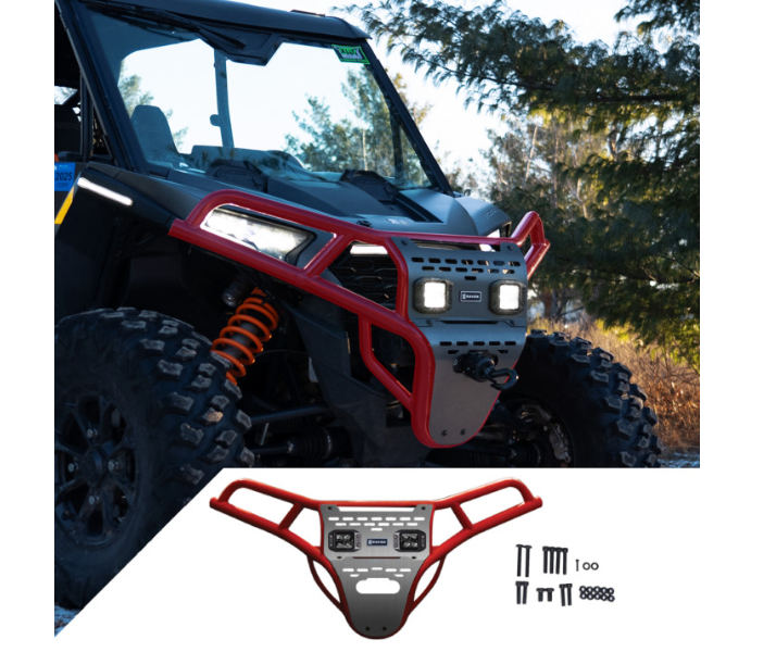 Ravek - Front Bumper/Skid Plate with White Lights -Polaris - Red - RZR XP 1000