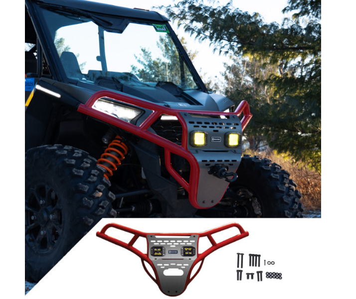 Ravek - Front Bumper/Skid Plate with Amber Lights - Polaris -Red - RZR XP 1000