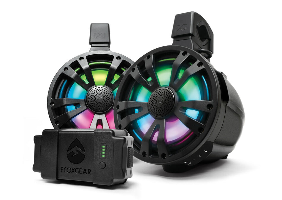 ECOXGEAR EXTRMTOWER 2-PK 8" SPEAKER 1 AMP SPEAKER + BATTERY & 1 NON-AMP SPEAKER  BLK