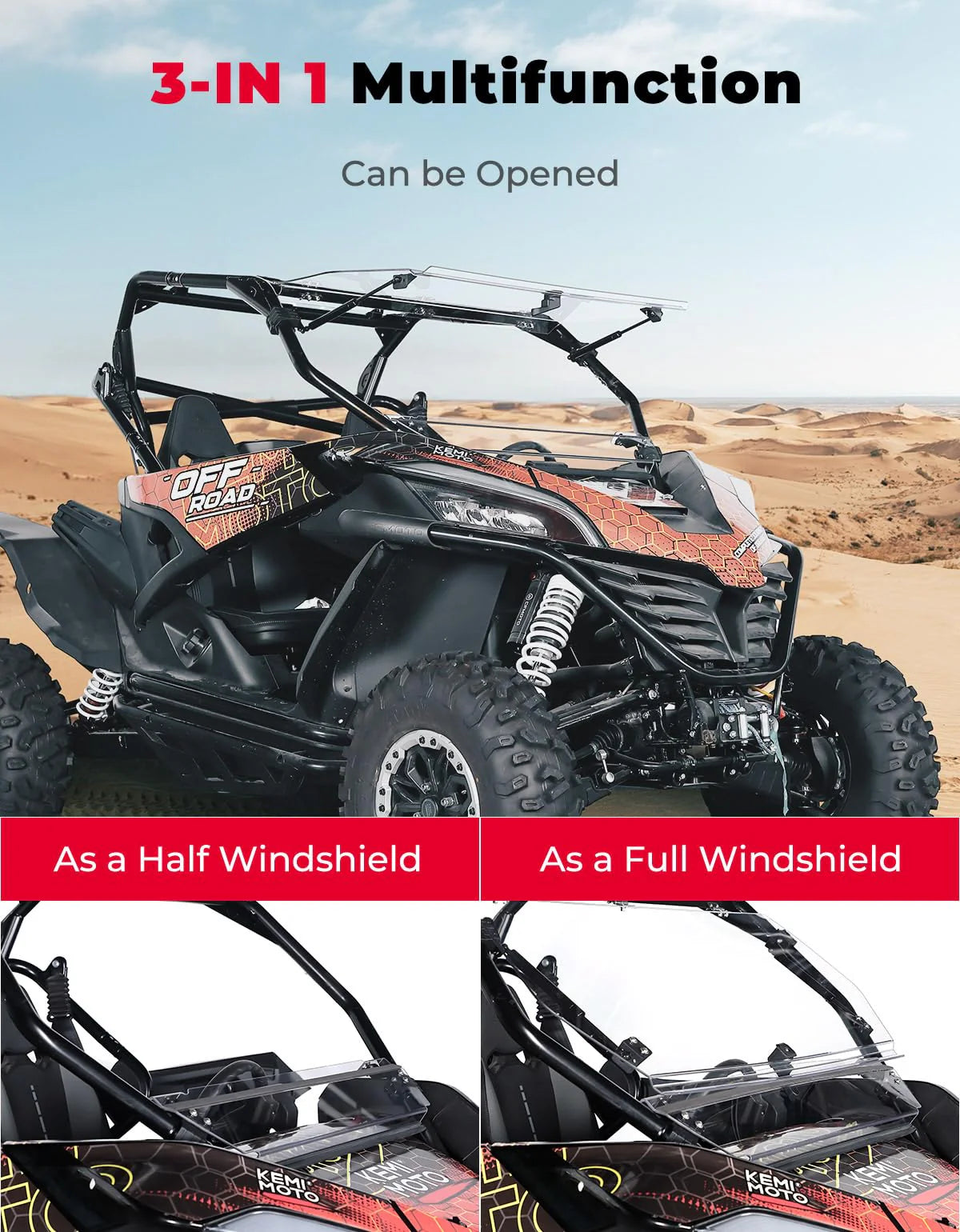 KEMIMOTO - 3-in-1 Folding Half Flip Windshield for CFMOTO ZForce KEMIMOTO - 3-in-1 Folding Half Flip Windshield for CFMOTO ZForce