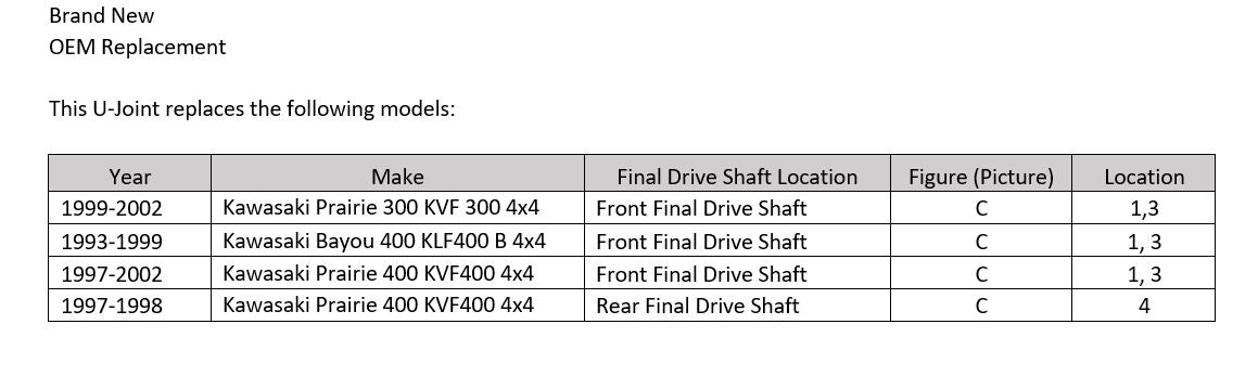 Kawasaki Prairie Bayou 300 400 Final Drive Shaft U-Joint Set