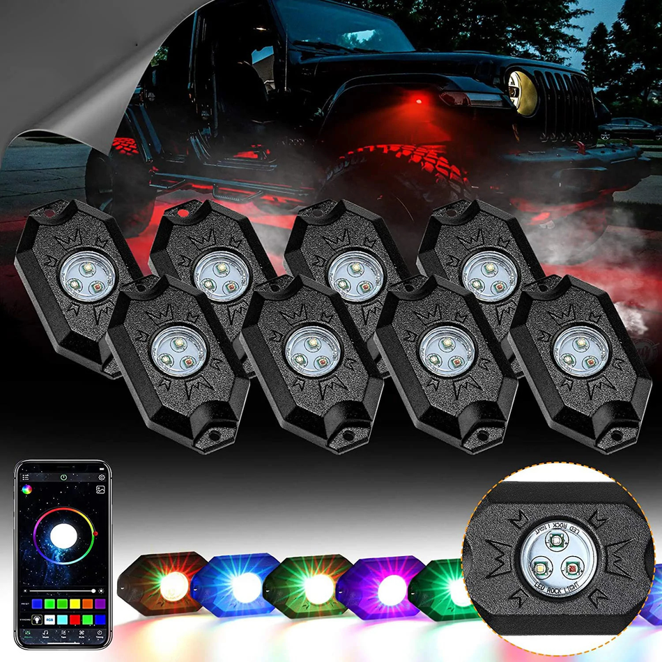 RGB LED ROCK LIGHT SET W/ BLUETOOTH CONTROLLER - 12 PACK